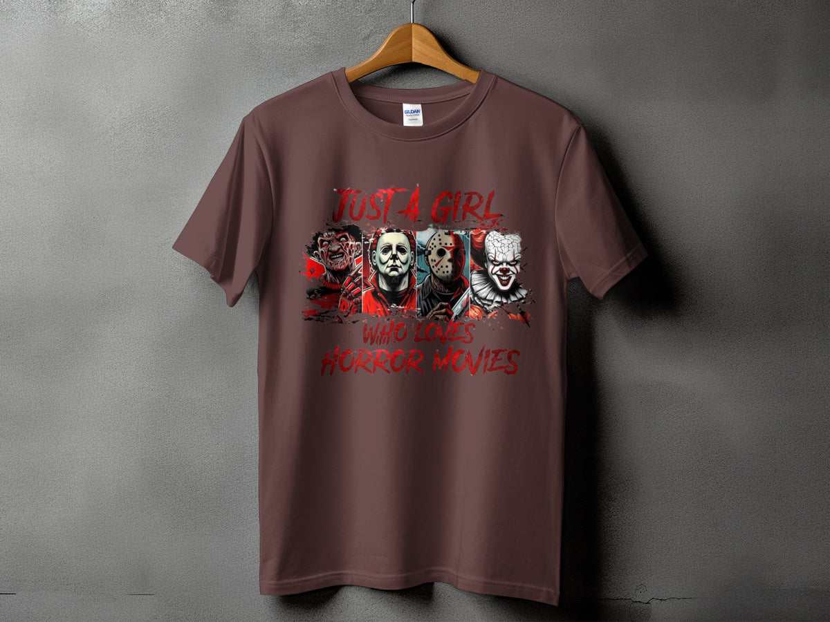 Brown t-shirt with "Just A Girl Who Loves Horror Movies" and horror characters.