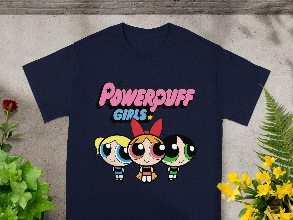 Navy t-shirt with The Powerpuff Girls graphic.