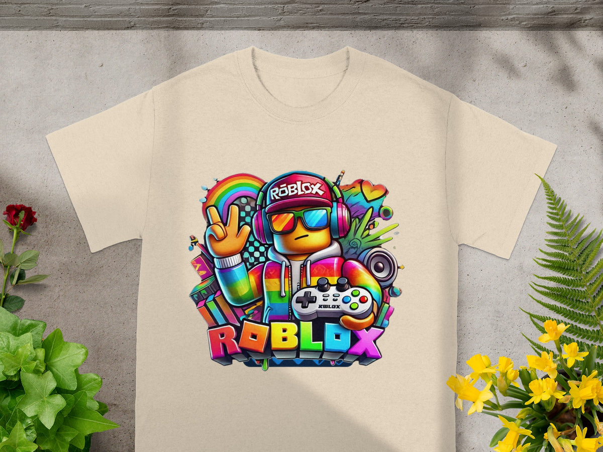Roblox character with rainbow accessories and gaming controller graphic.