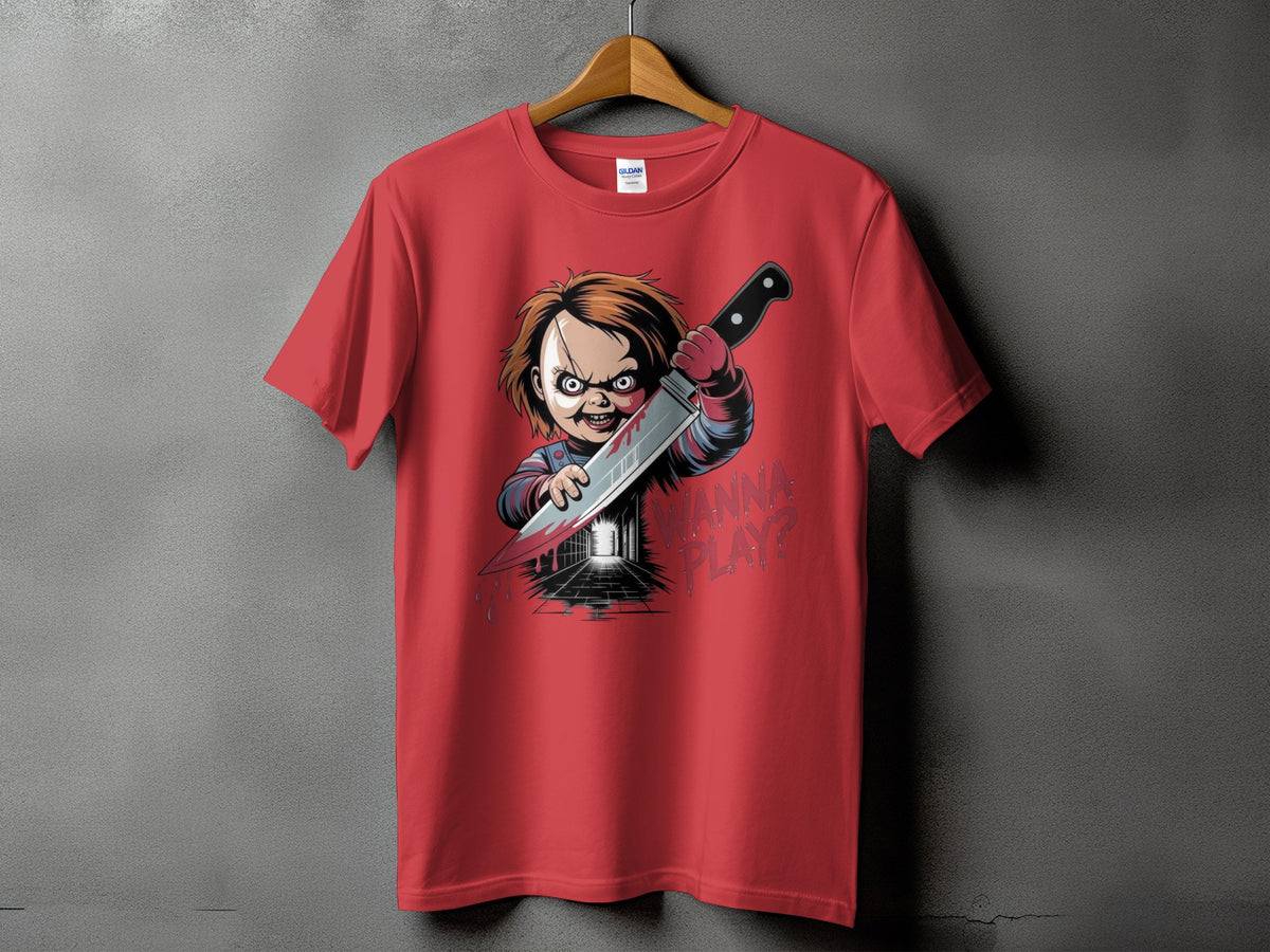 Red t-shirt with Chucky doll holding a bloody knife and text "WANNA PLAY?".
