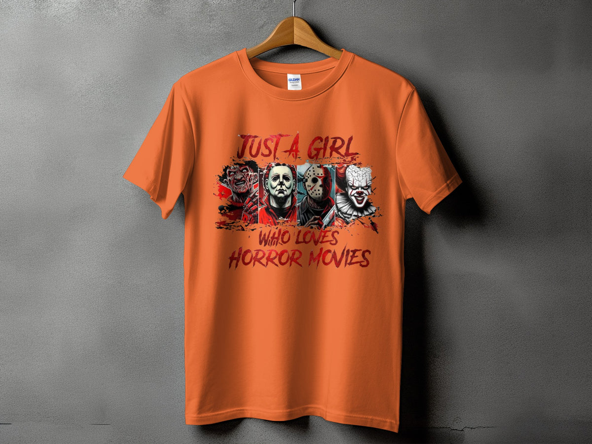 Orange t-shirt with horror movie characters and "Just a girl who loves horror movies" text.