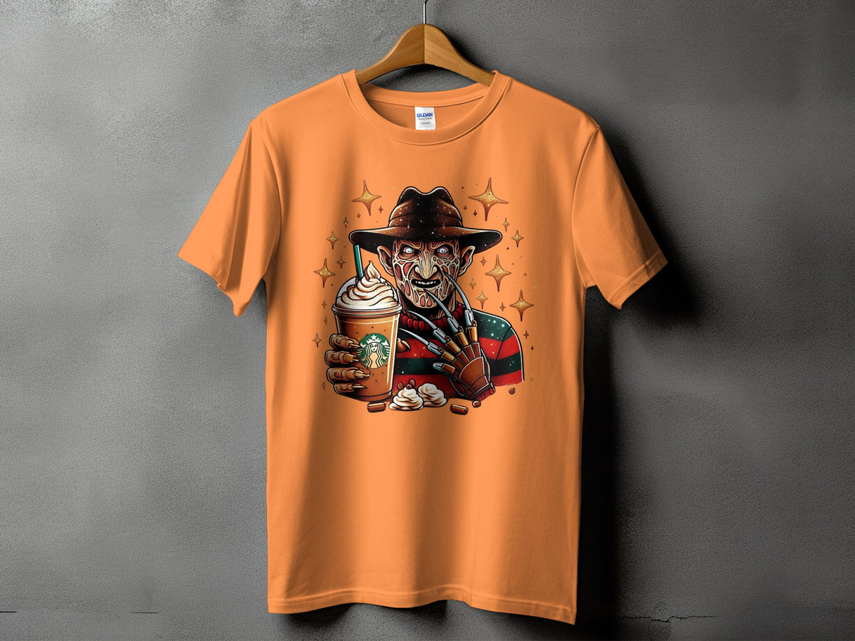 Orange t-shirt with Freddy Krueger holding a Starbucks-like coffee drink.