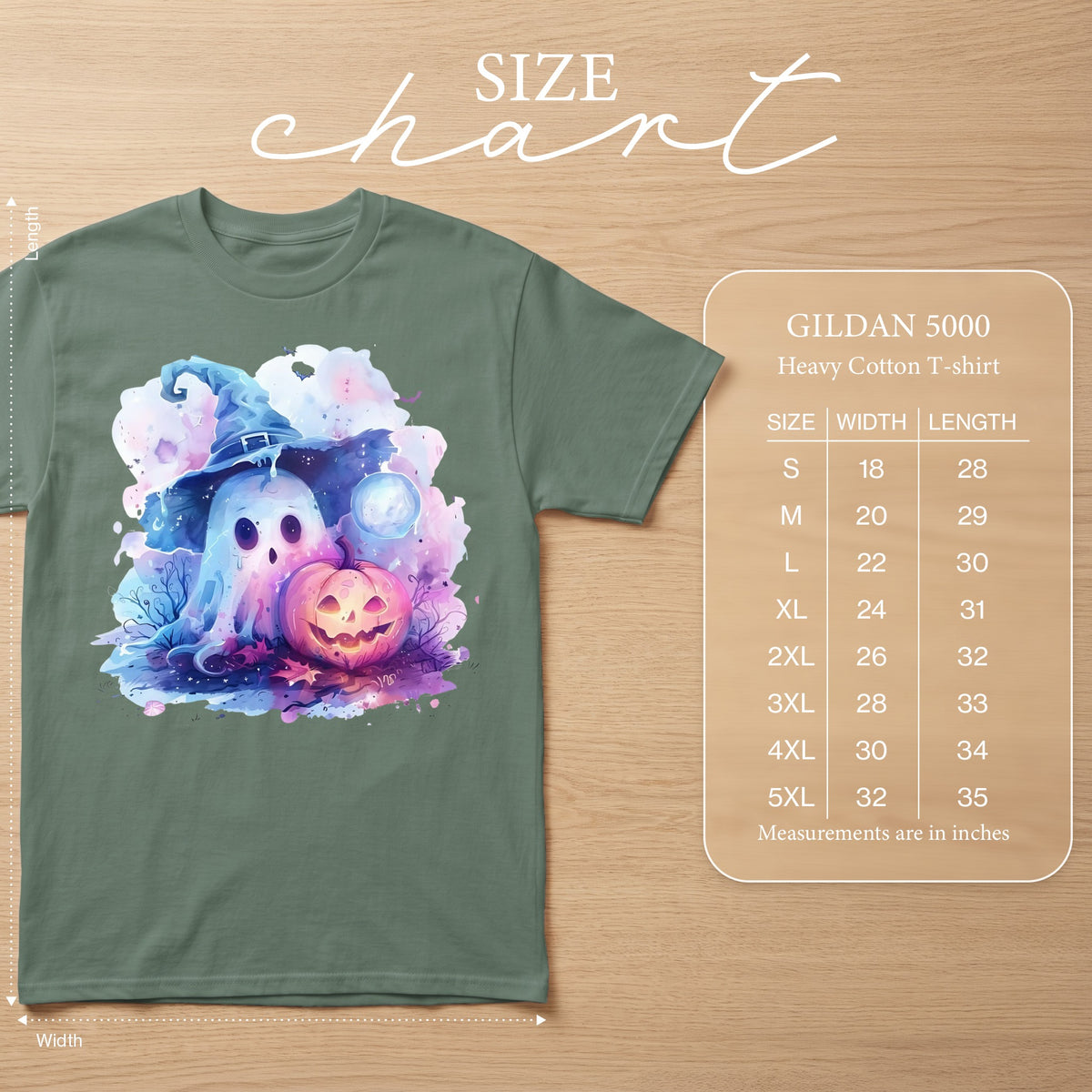 Green t-shirt with watercolor ghost, pumpkin, and hat graphic. Size chart included.