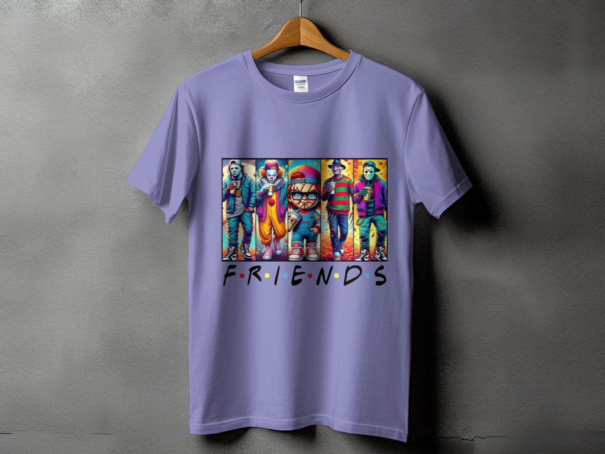 Purple t-shirt with horror characters in Friends logo style.