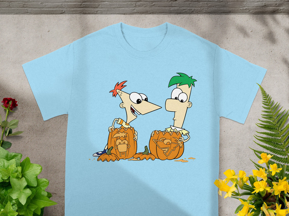 Phineas and Ferb carving Halloween pumpkins with cartoon characters on them.