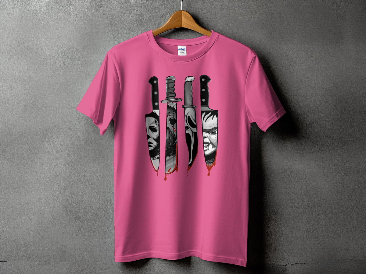 Pink t-shirt with horror movie villains' knives dripping blood graphic.