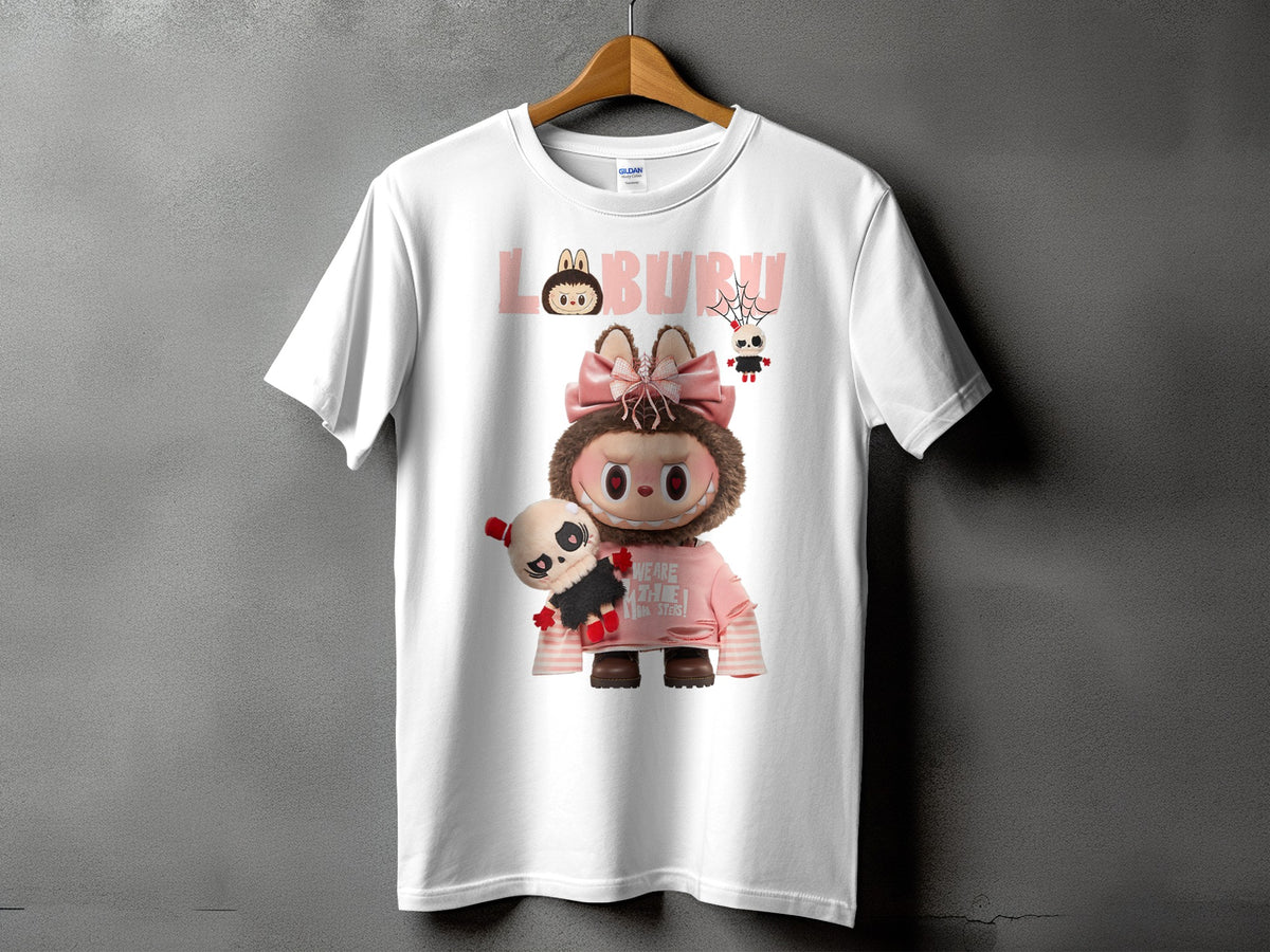 White t-shirt with graphic of character, panda, and text "LABURU".