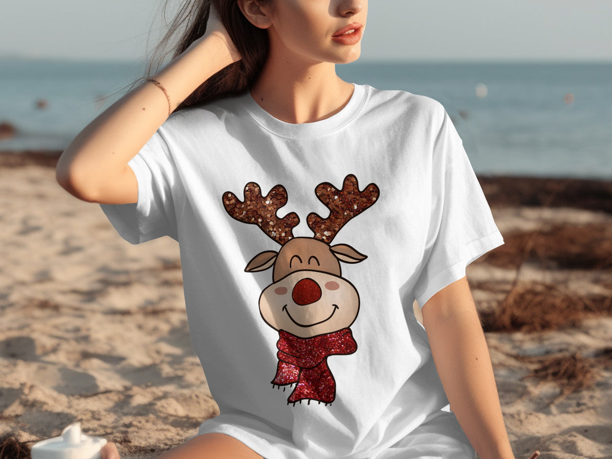 Festive Reindeer with Scarf White T-Shirt Christmas Apparel