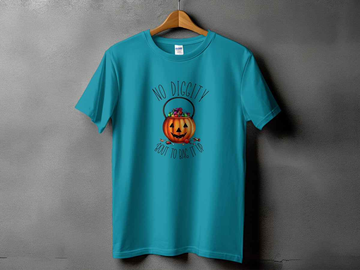 Teal t-shirt with a pumpkin bucket full of candy and text "No Diggity 'Bout to Bag it Up".