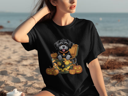 Cute Dog in Pumpkin with Halloween Jack 'O Lanterns Shirt