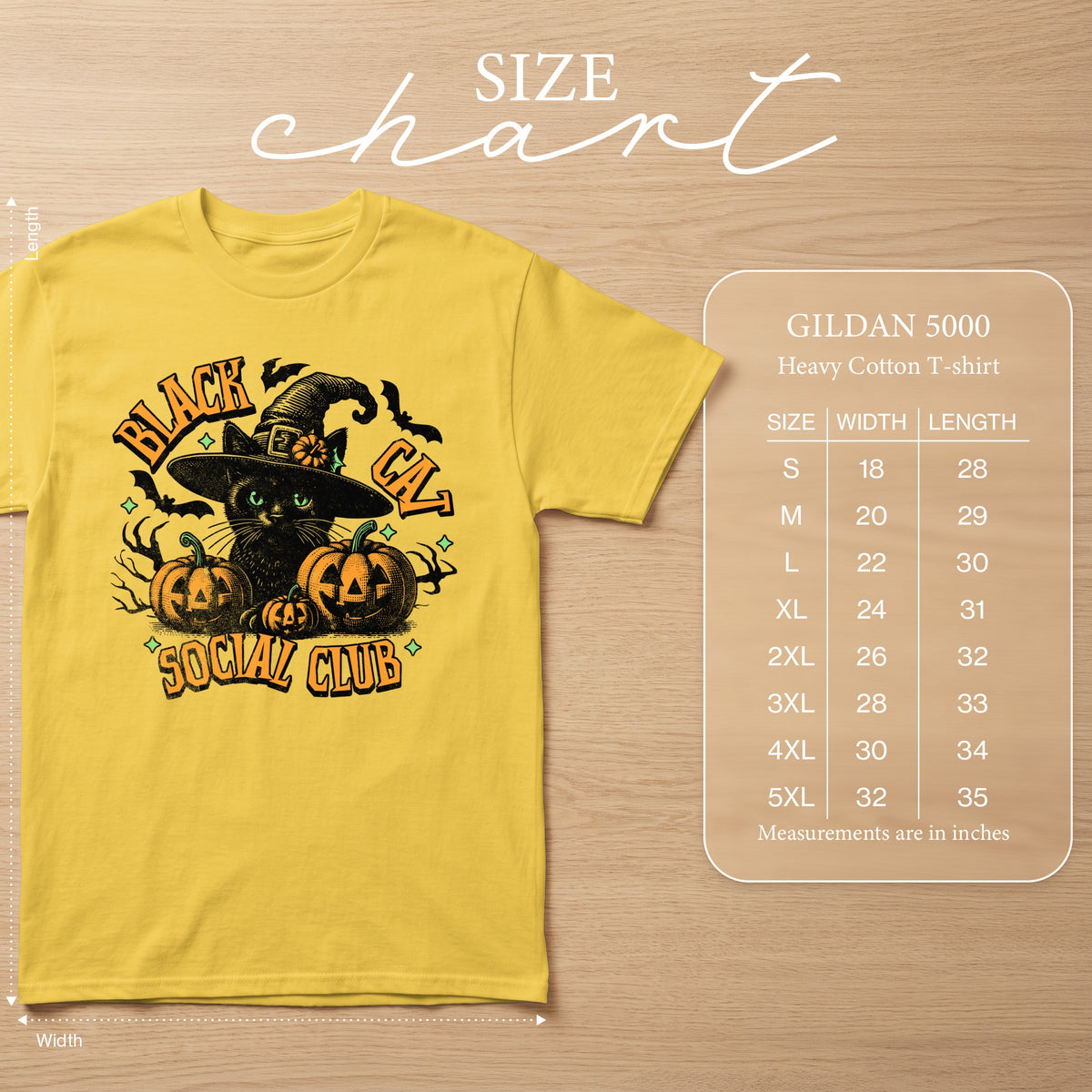 Yellow Gildan 5000 t-shirt with black cat, pumpkins, and "Black Cat Social Club" design.