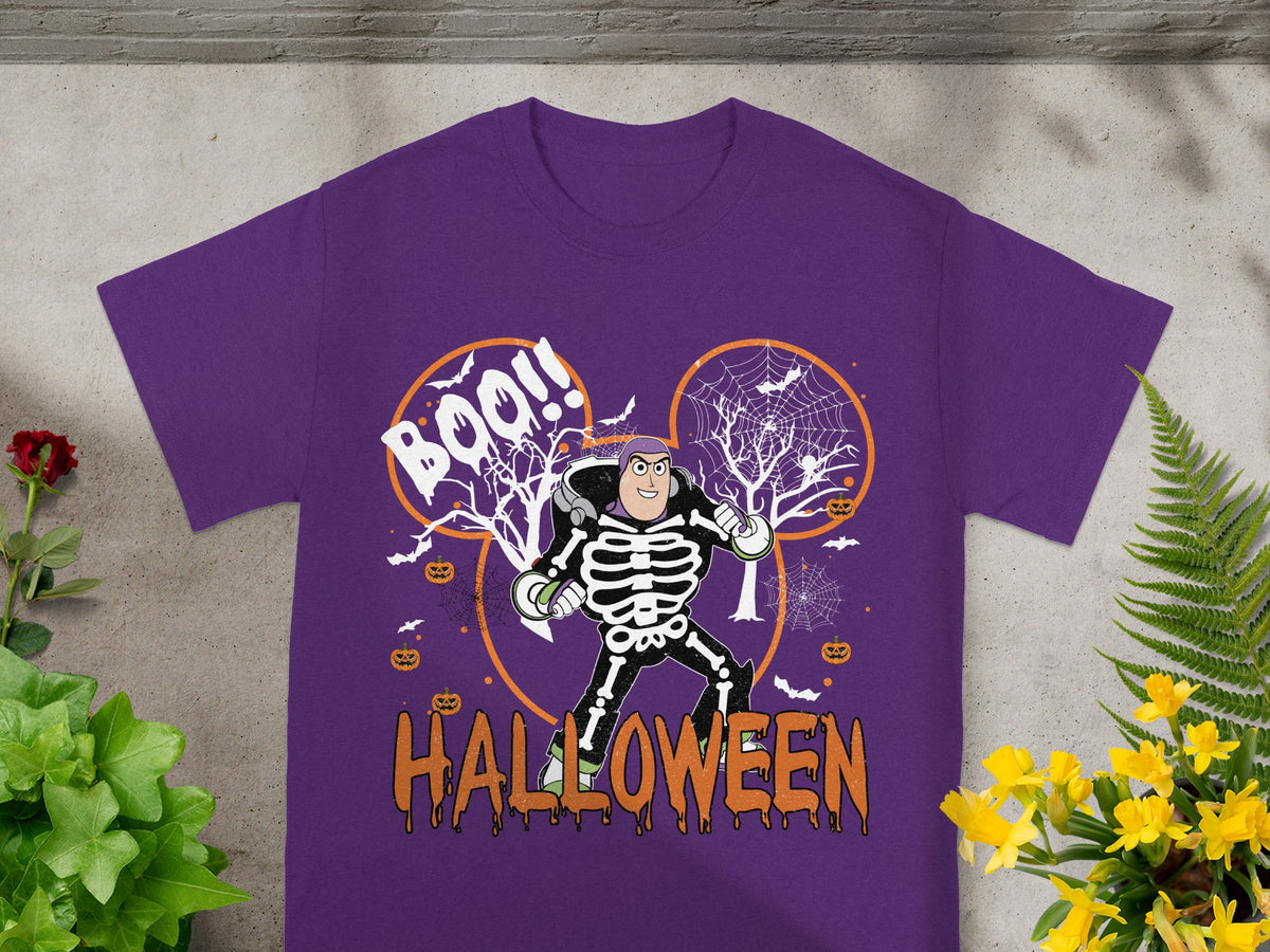 Purple t-shirt with Buzz Lightyear skeleton graphic and Halloween text.
