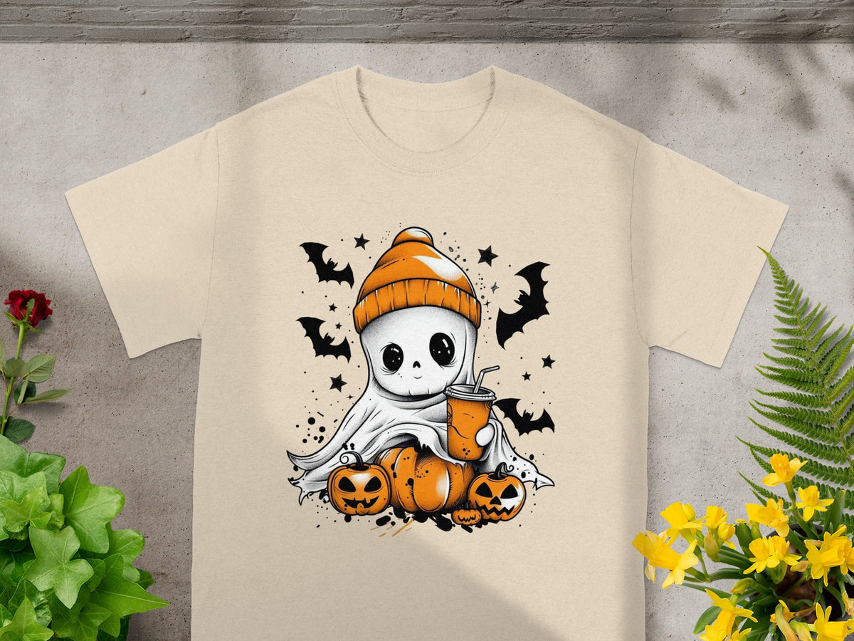 Cute ghost in orange beanie holding a drink with pumpkins and bats.