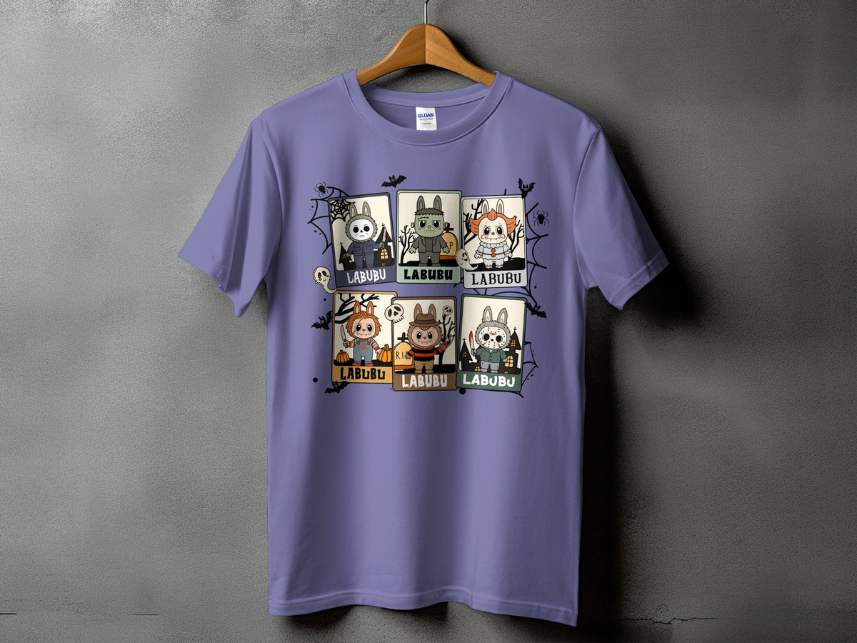 Purple t-shirt with six Halloween-themed Labubu characters in framed panels.