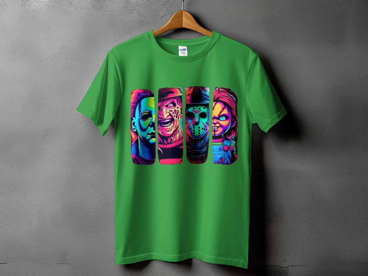 Green t-shirt with graphic of five horror movie characters in colorful style.