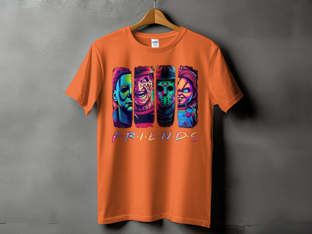 Orange t-shirt with horror characters and the word FRIENDS.