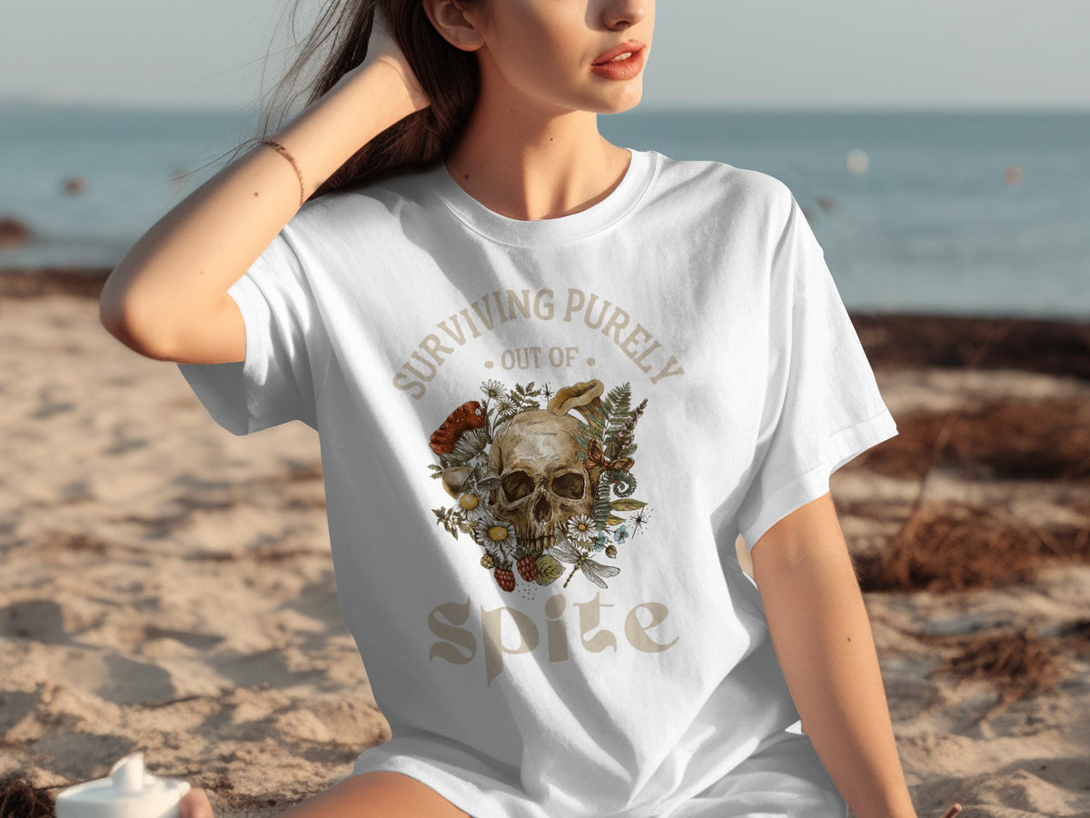 Surviving Purely Out Of Spite Text Skull Graphic Shirt