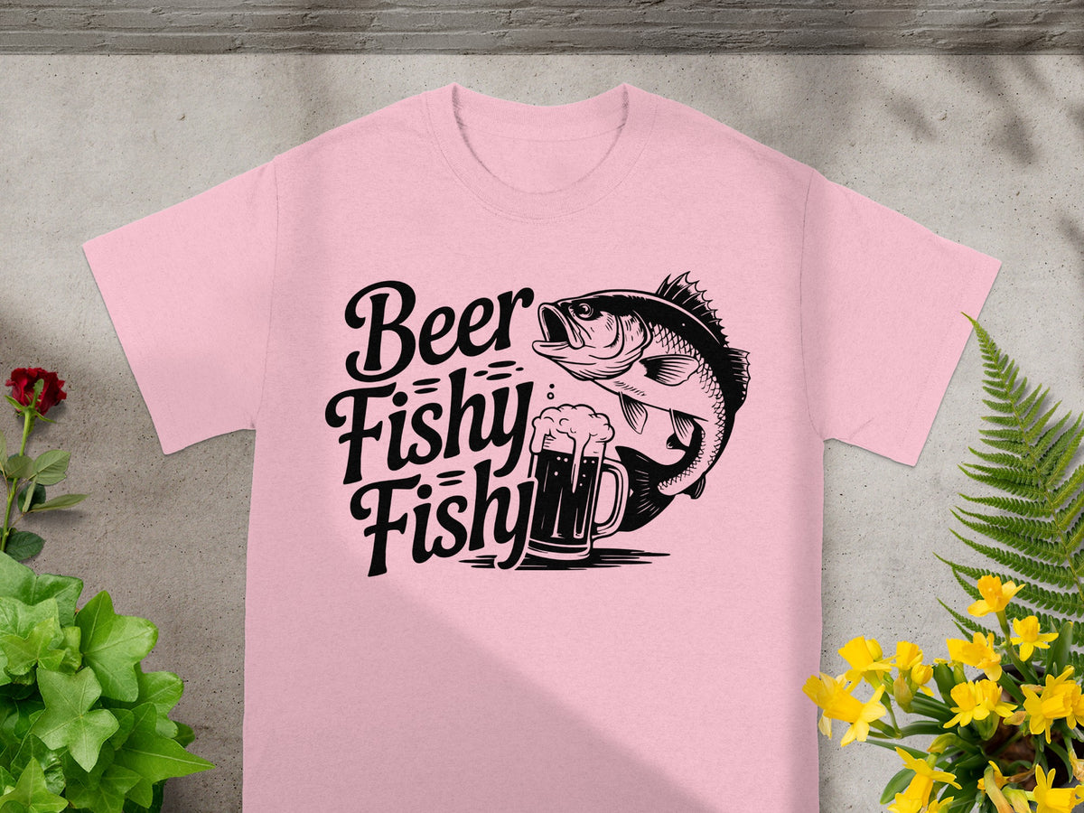 Pink t-shirt with black text and illustration of fish and beer.