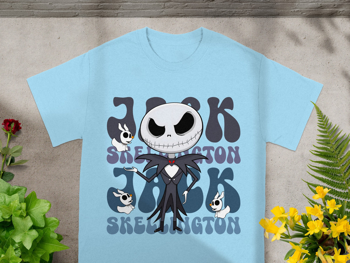 Light blue t-shirt with Jack Skellington graphic and text.