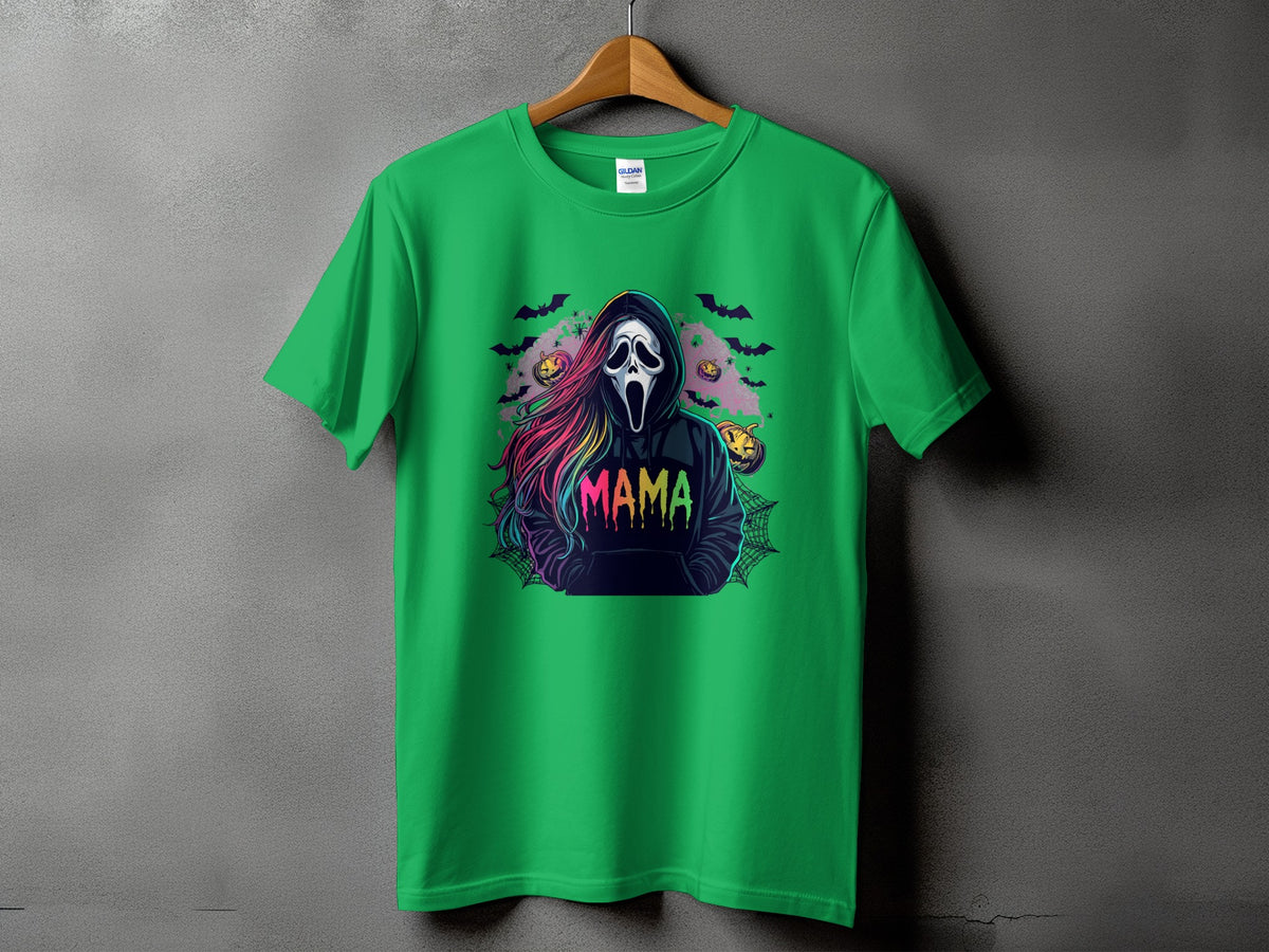 Green t-shirt with ghost face, colorful hair, and "MAMA" text.