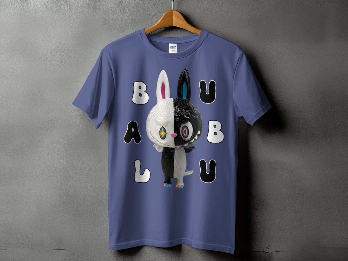 Blue t-shirt with a split black and white character and "BALU" text.