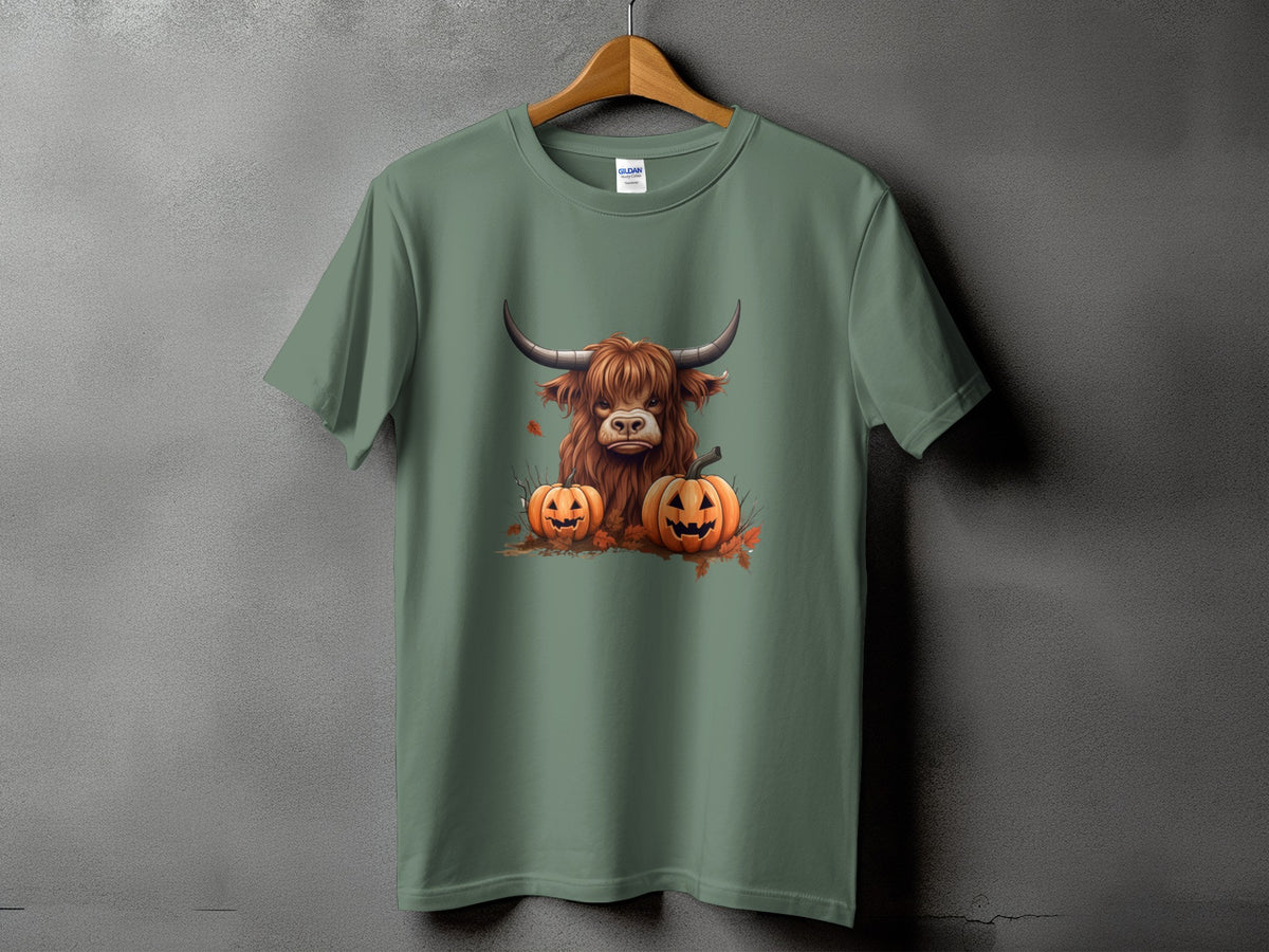 Green t-shirt with a Halloween graphic of a Highland cow and pumpkins.