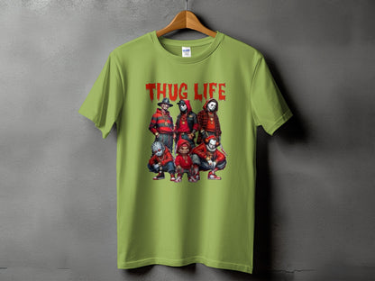 Light green t-shirt with "THUG LIFE" text and horror characters.