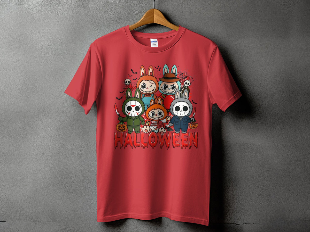 Cute cartoon Halloween characters in costumes with "HALLOWEEN" text.