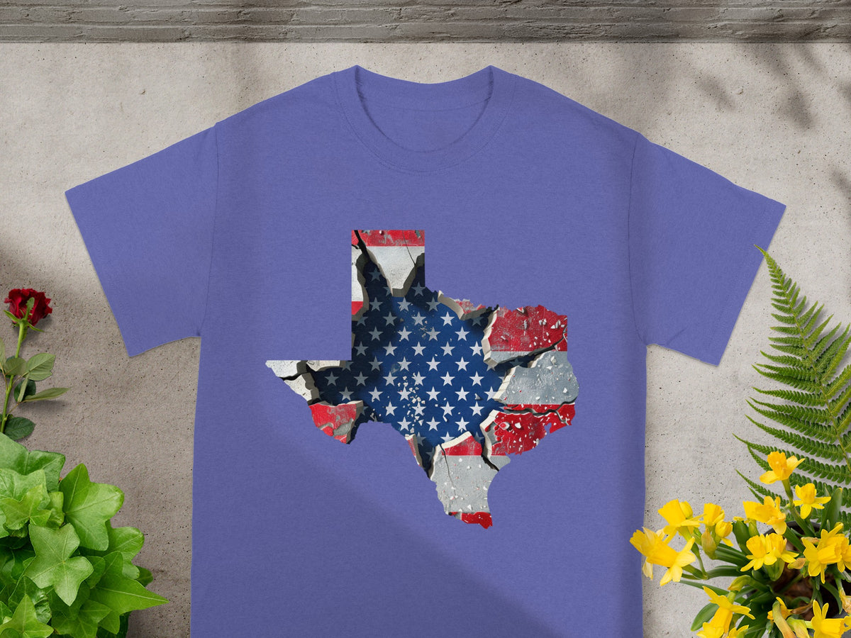 Purple t-shirt with Texas outline map graphic featuring distressed American flag.