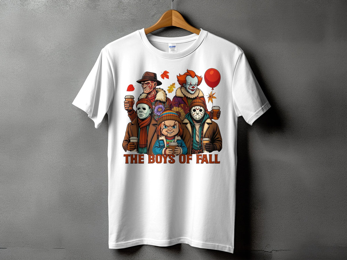 White t-shirt with horror characters and "The Boys of Fall" text.