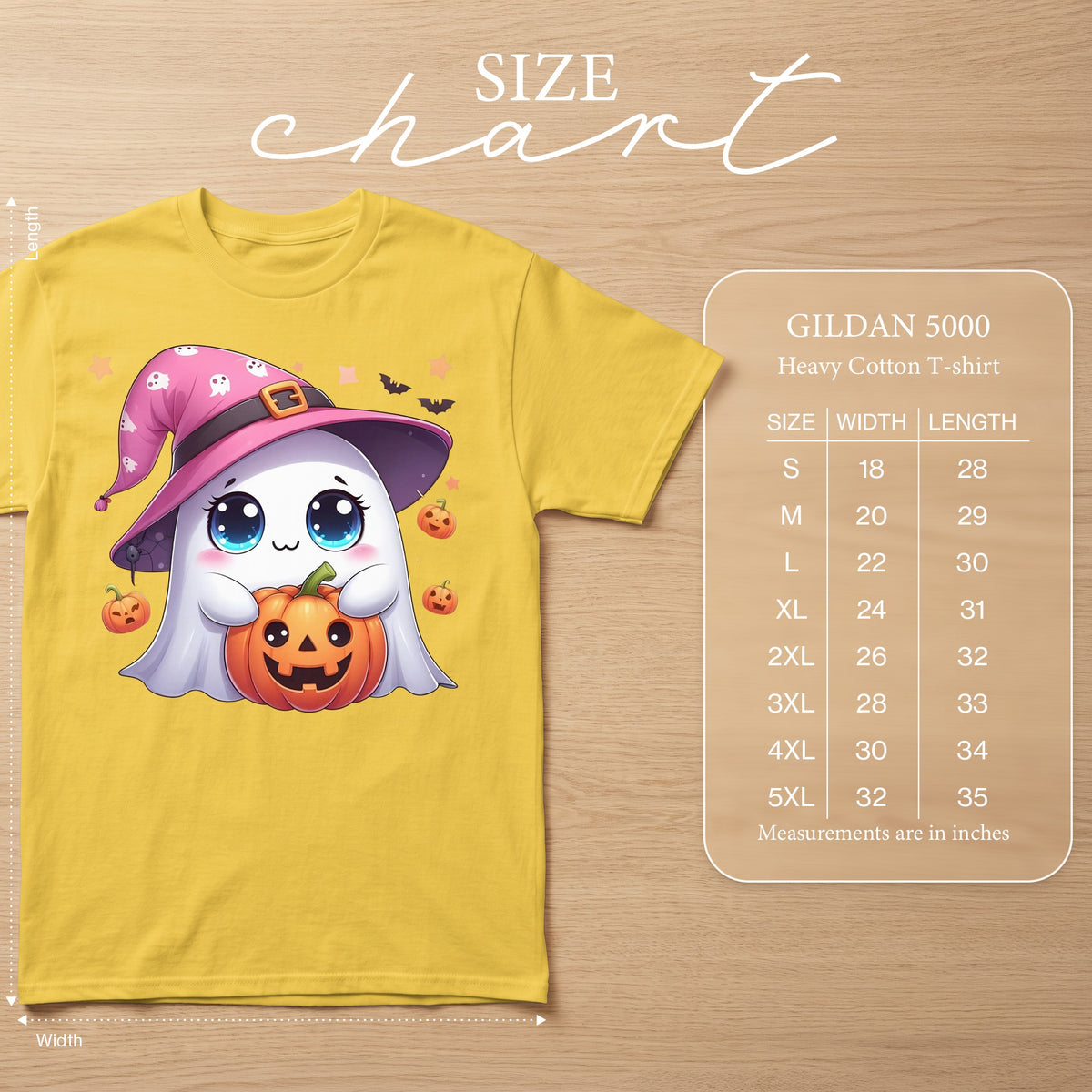 Yellow Gildan 5000 t-shirt with a ghost, pumpkin, and witch hat graphic and size chart.