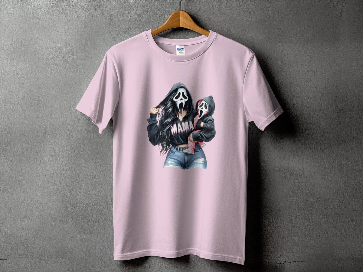 Pink t-shirt with "Mama" ghost mask graphic of woman holding baby.