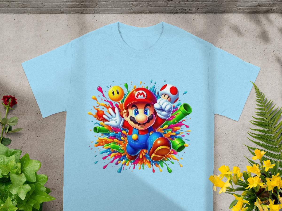 Mario character with colorful paint splashes and Mario mushroom.