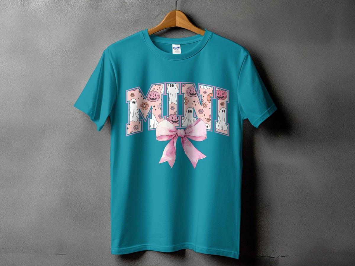 Teal t-shirt with "Mimi" in pink with Halloween ghosts, pumpkins, and flowers.