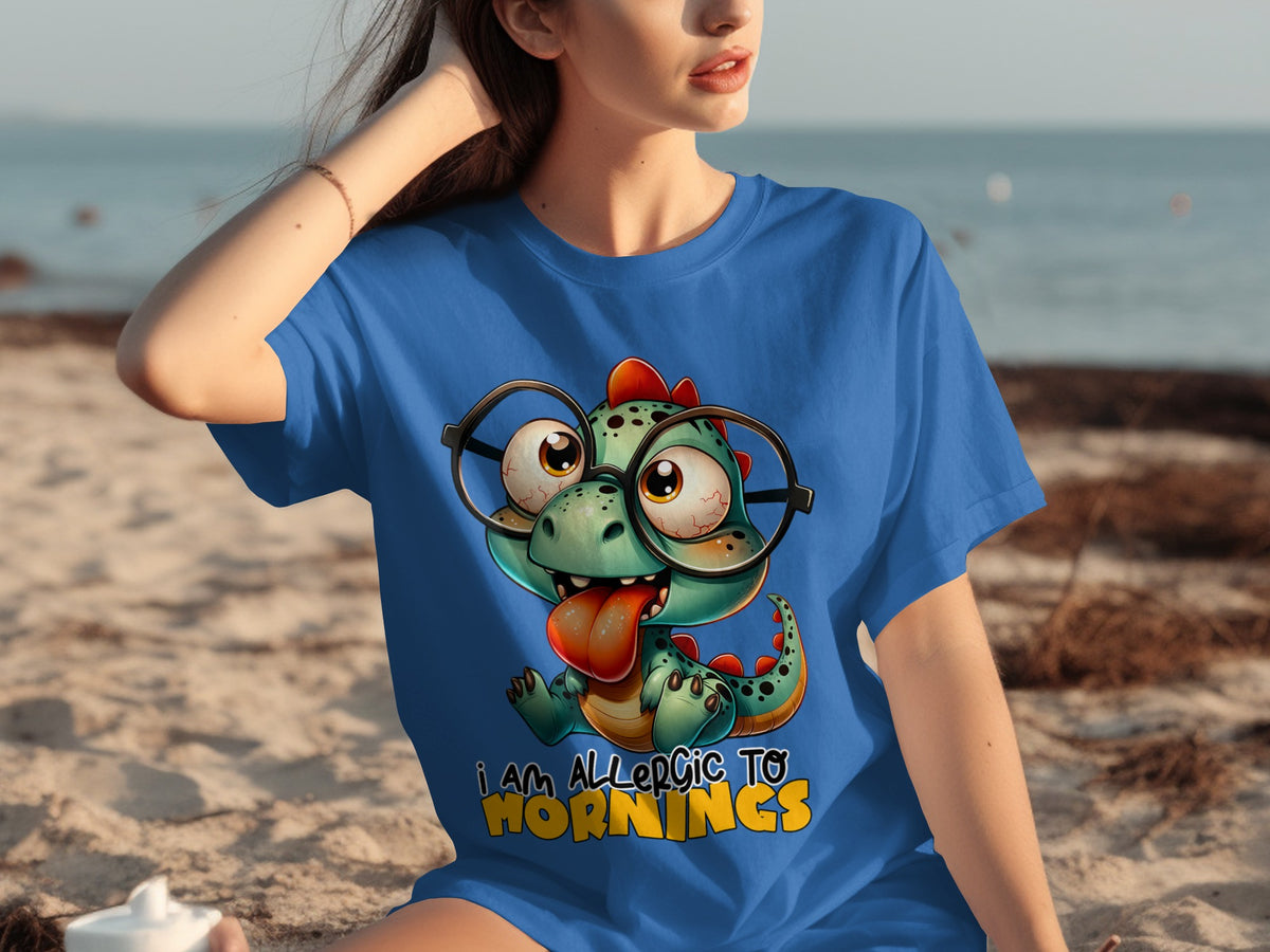 Funny Allergic to Mornings Dinosaur Cartoon T-Shirt