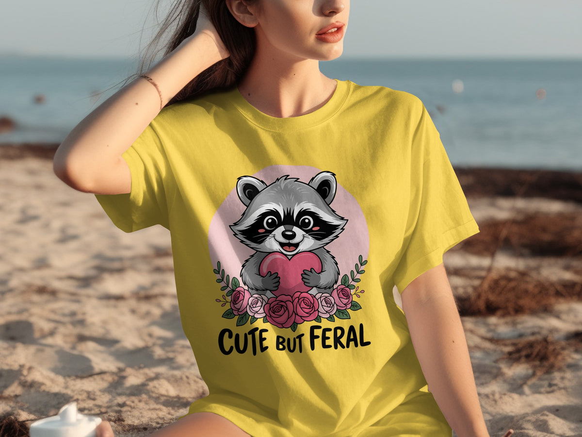 Cute But Feral Raccoon Heart Roses Graphic T-Shirt