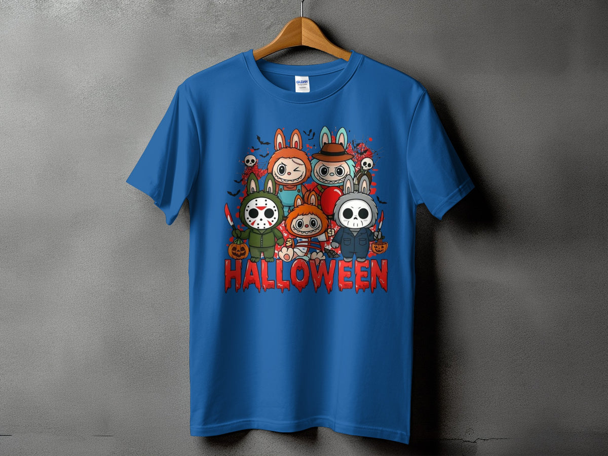 Chibi horror characters and "HALLOWEEN" text on a blue t-shirt.