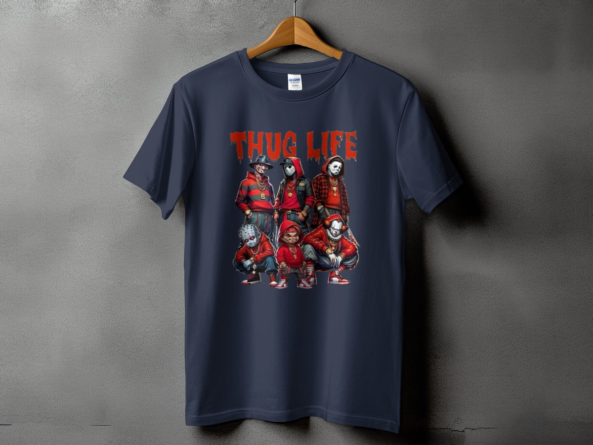 Navy t-shirt with "THUG LIFE" text and horror movie characters.