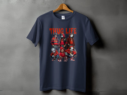 Navy t-shirt with "THUG LIFE" text and horror movie characters.