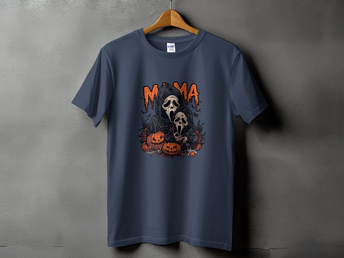 T-shirt with "Mama" text and scary ghost figures surrounded by pumpkins.