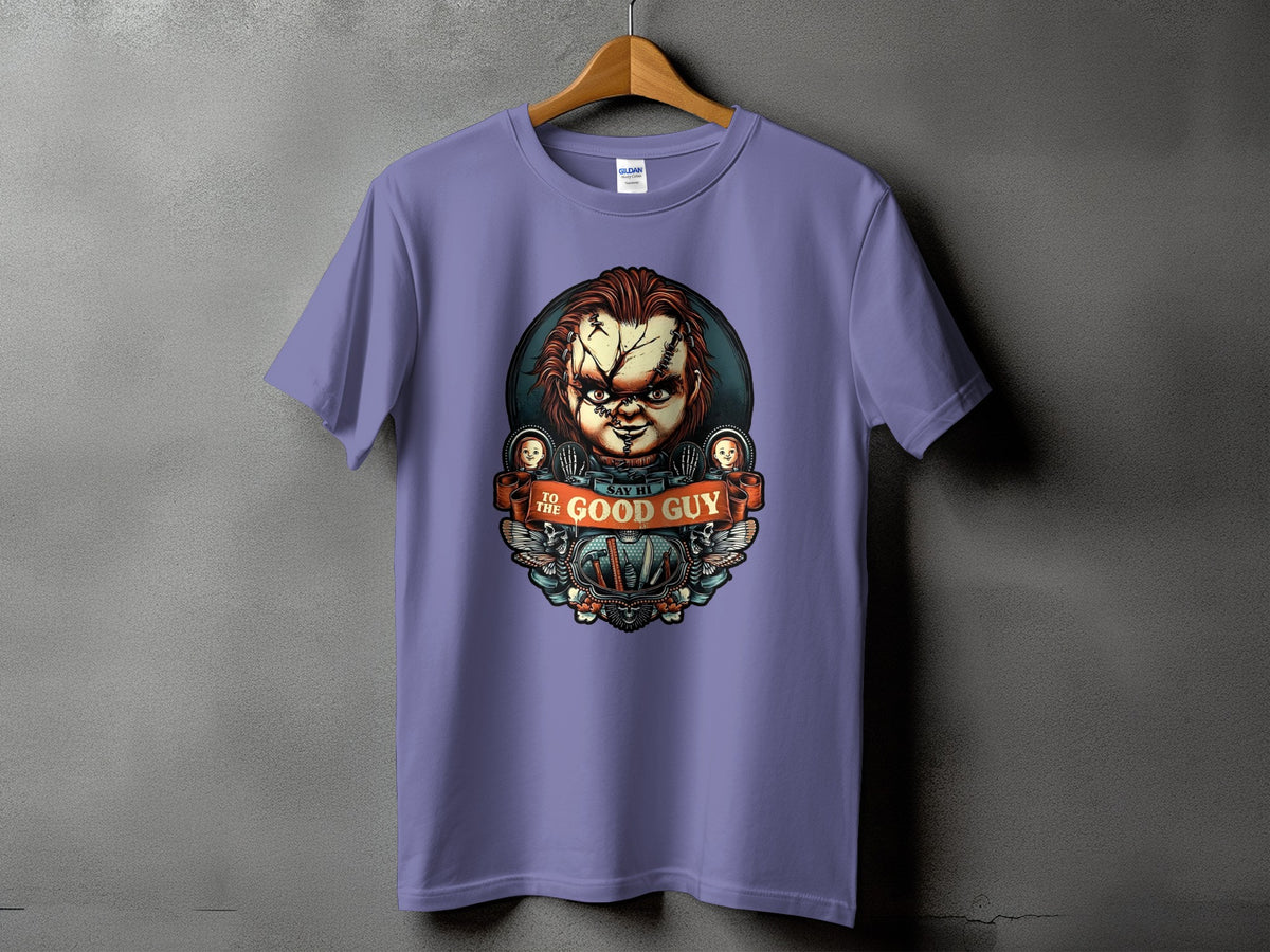 Purple t-shirt featuring Chucky with text "TO THE GOOD GUY SAY HI".