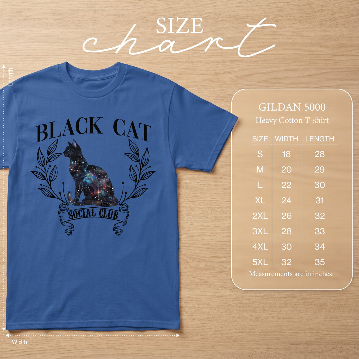 Blue Gildan 5000 Heavy Cotton T-shirt with galaxy cat print and size chart.