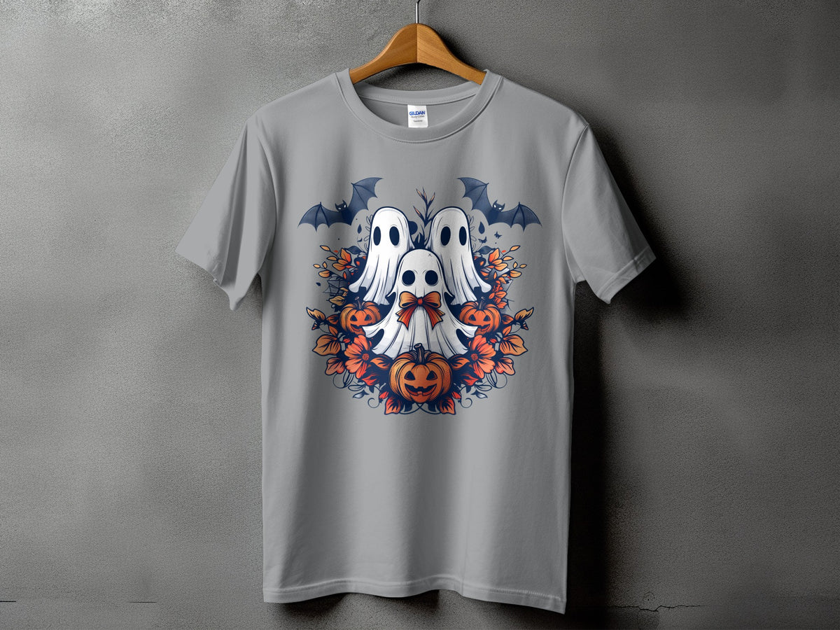 Gray t-shirt with a Halloween design of ghosts, pumpkins, bats, and leaves.