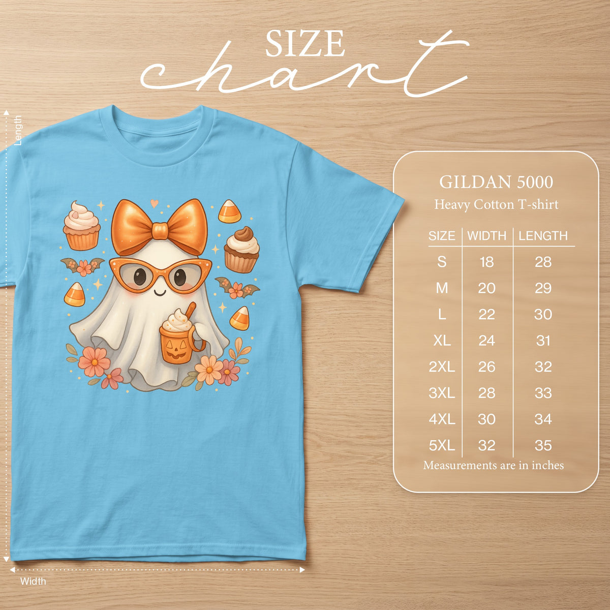Light blue t-shirt with ghost graphic and Gildan 5000 size chart.