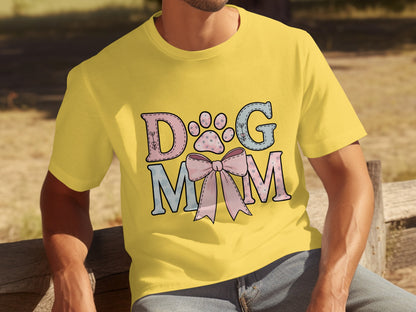 Dog Mom T-Shirt with Cute Paw and Bow Design