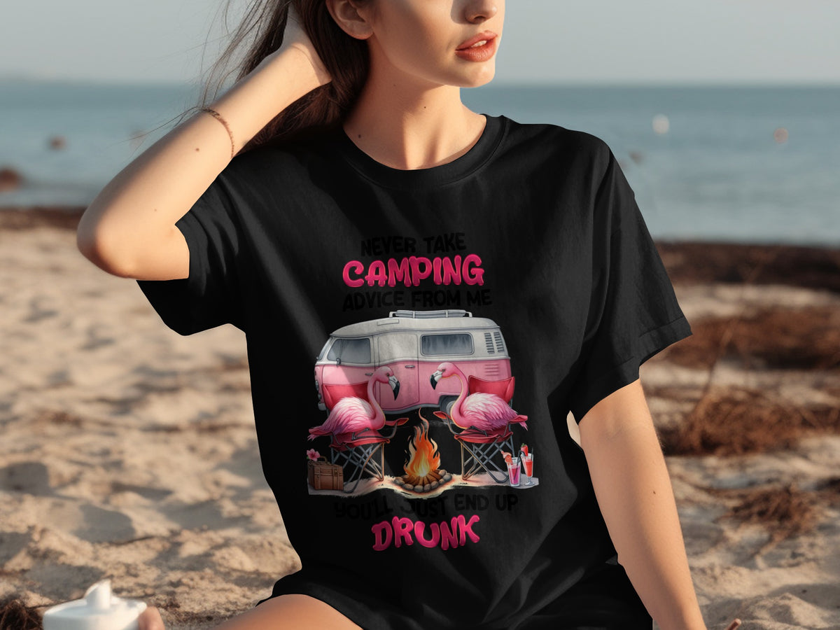 Never Take Camping Advice Flamingo Van Camping Shirt