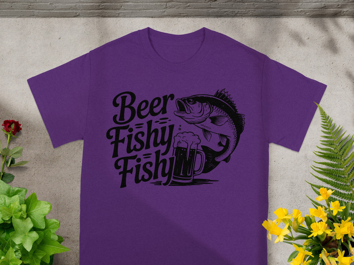 Purple t-shirt with black text and graphics of a fish and beer mug.