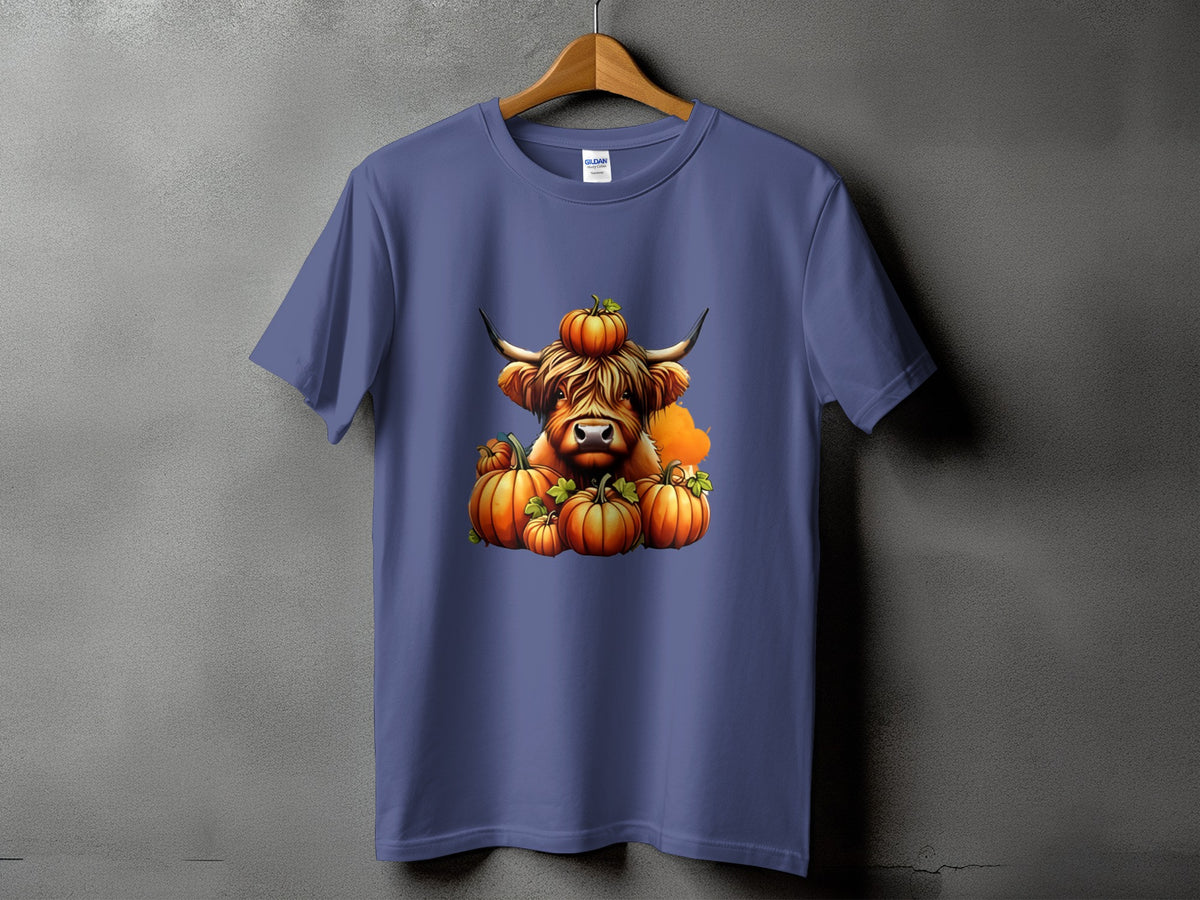 Highland cow with pumpkins on a purple t-shirt.
