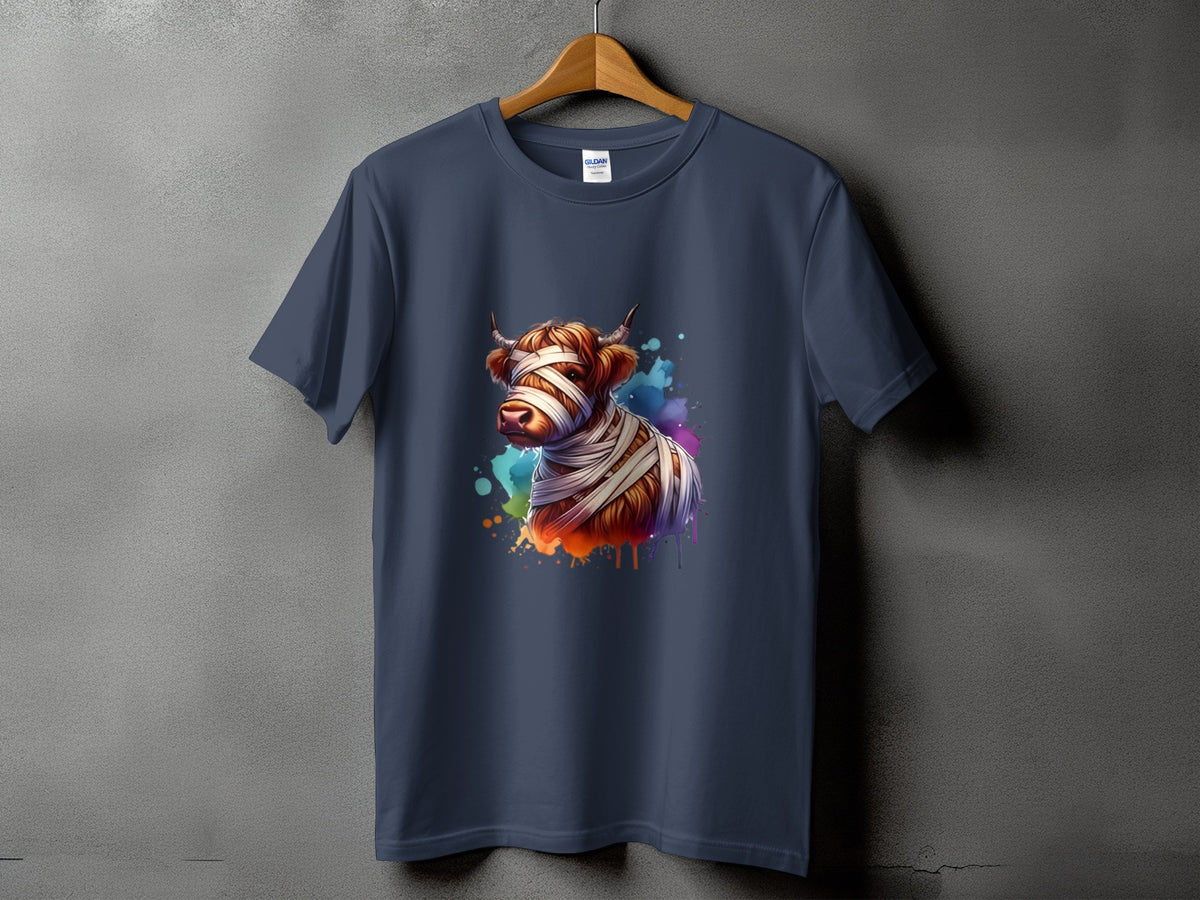 Watercolor Highland cow with mummy bandages on navy t-shirt.