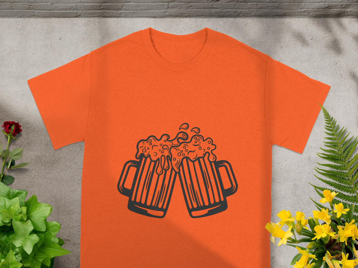 Cheers Beer Mugs Design Orange T-Shirt Clothing